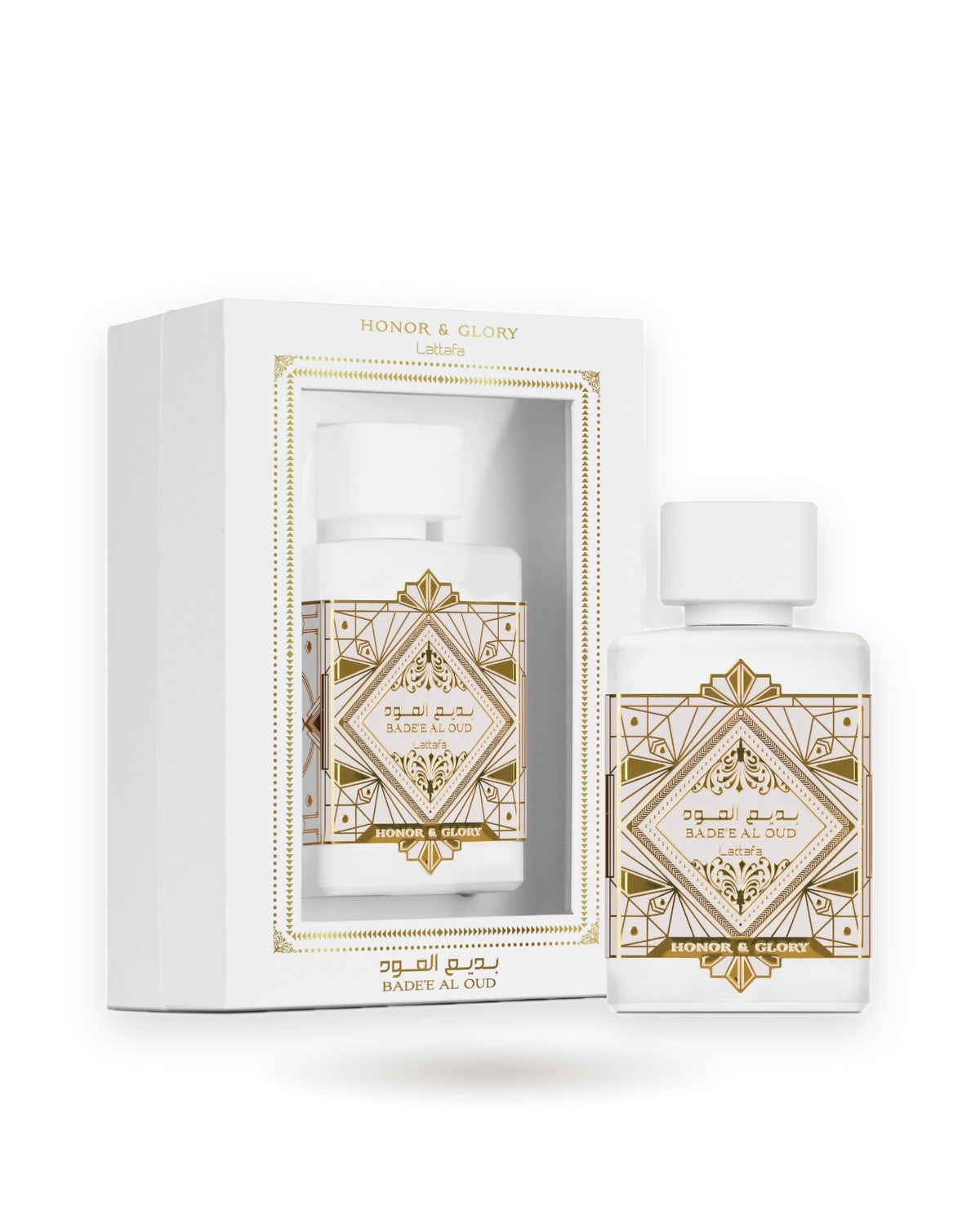 Bade'e Al Oud Honor & Glory de Lattafa: frasco con su caja